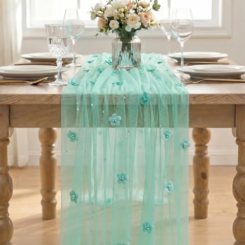 Artoid Mode Turquoise Flower Pearl Gauze Table Runner 10FT, Seasonal Sheer Dining Holiday Wedding Birthday Baby Shower Table Decor for Home Party - Image 2