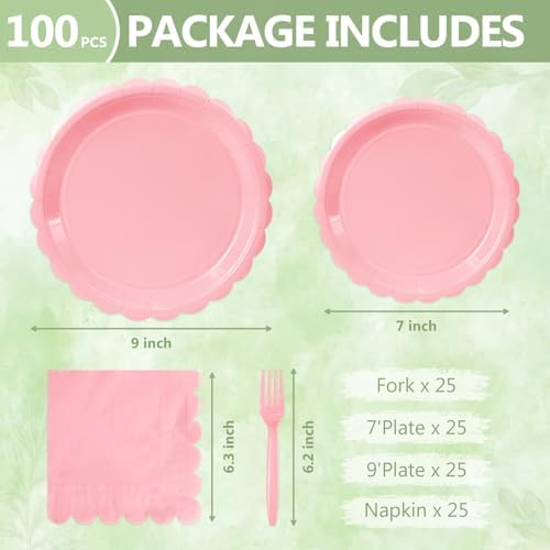 100 Light Pink Paper Plates and Napkins Disposable for Party, 25-9"&25-7" - Image 2