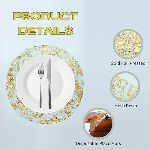Snowkingdom Gold Placemats Set of 50 Round 13 Inch Foil Mesh Pressed Bulk Disposable Fall Table Mates 50 Pack Gold Doilies for Dining Table Wedding Birthday Party Holiday Home Decoration - Image 3
