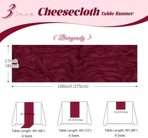 3 Pack Burgundy Cheesecloth Table Runner, 17 x 108 inch, Semi Sheer Boho Cheese Cloth Fabric Table Runner Bulk for Wedding, Birthday, Party, Holiday, Home Decor (Burgundy) - Image 3