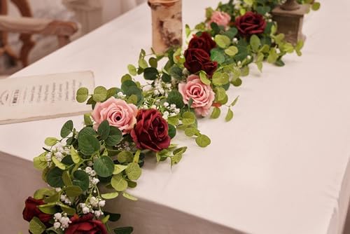 Anna's Whimsy 2PCS 5.91FT Artificial Eucalyptus Garland with Flowers, Fake Rose Gypsophila Garlands, Faux Floral Greenery Garland for Wedding Spring Home Party Table Runner Decor（Dusty Pink） - Image 3