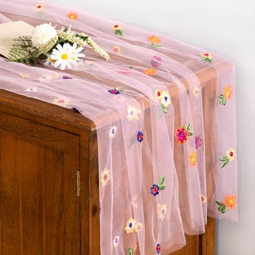 Flower Table Runner Fall Daisy Floral Tulle Cheesecloth Wedding Decor - Image 2