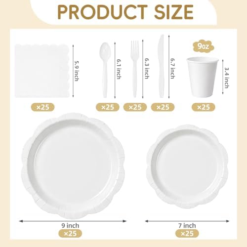 Disposable Party Supplies Set for 25/50 Guests, Heavy Duty Paper Plates & Napkins Set with Cups & Cutlery, 7" & 9" Decagonal Plates Tableware for Wedding, Birthday, Baby Shower (White, 175 Pcs) - Image 5