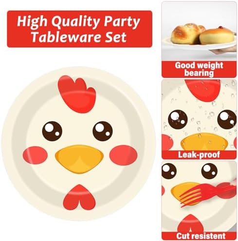 gisgfim 50 Guests Chicken Party Decorations Chicken Plates and Napkins Chicken Party Decoration For Birthday Party Plates Tableware Set Chicken Theme Party Paper Plates Napkins Forks 200 PCS - Image 3