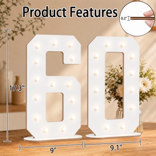 Pooqla 60th Birthday Decorations, 17.3 in White Wooden Light Up Numbers - Image 4