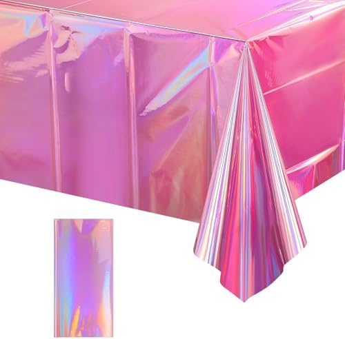 1 Pack Iridescent Pink Plastic Tablecloths, FunnyPars Shiny Disposable Laser Rectangle Table Covers, Holographic Foil Tablecloth Iridescent Party Decorations for Kpop Birthday Wedding Xmas, 54x108Inch by EnjoyYourFunnyParties