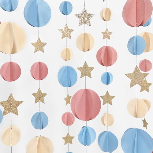 Champagne Gold Dusty Pink Blue Beige 3D Polka Dot Star Hanging Streamer Circle Dot Star Garland Banner for Boho Gender Reveal Birthday Engagement Wedding Party Decorations Supplies - Image 5