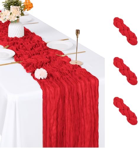 3 Pack Red Cheesecloth Table Runner, 17 x 108 inch, Semi Sheer Boho Cheese Cloth Fabric Table Runner Bulk for Wedding, Birthday, Party, Holiday, Home Decor (Red) by ACSUIT