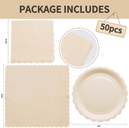 Fall Paper Plates and Napkins Ivory Scalloped Paper Plates Tableware Serves 40,Thanksgiving Party Platter for Boho Baby Shower Wedding Birthday - Image 2