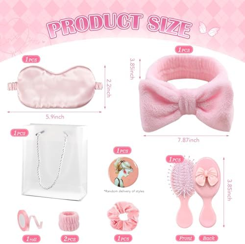9 Pcs Sleepover Party Supplies for Girls Include Spa Headband Sleep Eye Mask Pink Scrunchie with Coquette Bow Mirror Hair Comb Gift Bags for DIY Spa Sleepover Slumber Wedding Birthday Party Favors - Image 2