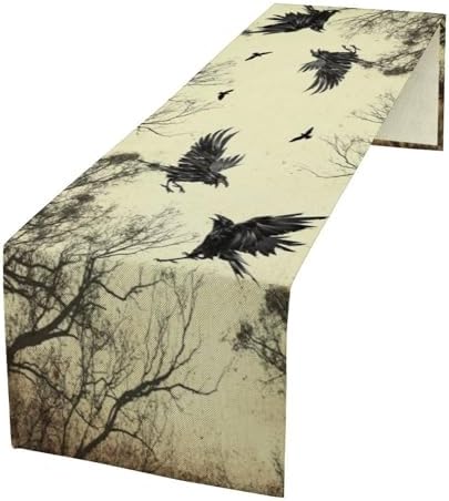 Gothic Crow Forest Table Runner, Halloween Flying Spooky Black Raven Crow Black Dark Wings Thriller Dinner Runner for Farmhouse Party Holiday Home Kitchen Dining Table Decor 13"x108" by SHElifestyle