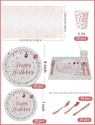 Nkaiso 161 Pcs Rose gold Birthday Plates and Napkins Set -20 Serves - Image 3