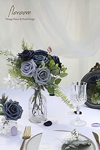 Floroom Artificial Flowers 25pcs Real Looking Dusty Blue Ombre Colors Foam Fake Roses with Stems for DIY Wedding Bouquets Bridal Shower Centerpieces Floral Arrangements Party Tables Home Decorations - Image 3