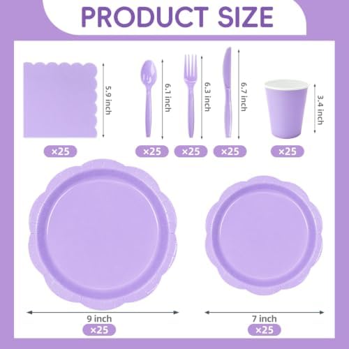 175 Pcs Lavender Party Supplies for 25 Guests, Elegant Paper Plates and Napkins Set with Cups, Knives, Forks & Spoons, Thickened Decagonal Plates for Baby Shower Bridal Shower Tea Party Birthday - Image 2