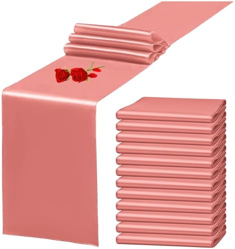 12 Pack Coral Satin Table Runner 12 x 108 Inch Long Premium Table Runners for Wedding Party Events Decoration, Birthday Parties, Banquets Decorations, Graduations, Engagements by YMHPRIDE