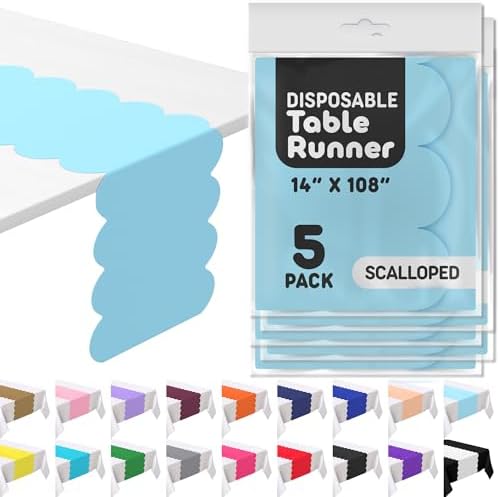 Light Blue Scallop Table Runner, Disposable Plastic, 5 Pack, 14x108in by Swanoo