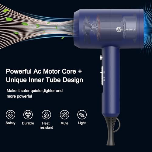 Slopehill Professional Ionic Hair Dryer, Powerful 1800W Fast Drying Low Noise Blow Dryer with 2 Concentrator Nozzle 1 Diffuser Attachments for Home Salon Travel (Prussian Blue) - Image 2