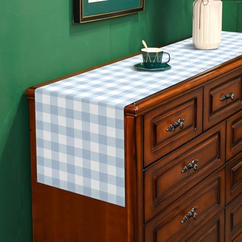 Dusty Blue Gingham Table Runner Light Blue Checkered Boy Girl Baby Shower Birthday Party Decoration Home Dining Kitchen Island Decor (13" x 90") - Image 3