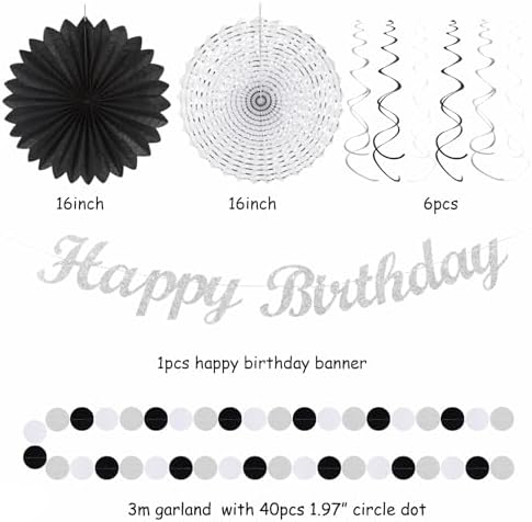 Black White Silver Birthday Party-decorations - 21pcs Boys Men Happy Banner,Paper Streamers Lanterns Honeycomb,Tissue Pom Poms Fan,Adult Supplies Decor 16th 20th 40th 45th 50th 60th Huglony - Image 3