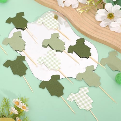 Saga Green Gingham Baby Shower Bodysuit Cupcake Topper,Blue Gingham Decor - Image 6