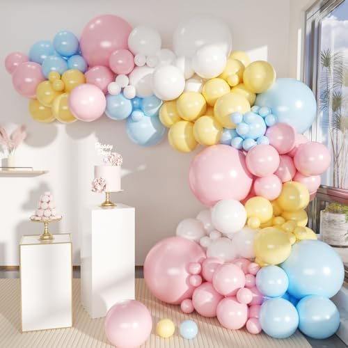 MEBAY Pastel Balloon Garland Arch Kit 146Pcs Macaron Pink Blue White Yellow Latex Balloons Different Sizes 18 12 10 5 Inch for Gender Reveal Baby Shower Wedding Birthday Party Decoration by MEBAY