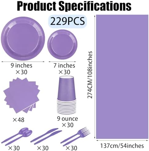 229PCS Purple Party Supplies Set Disposable Paper Plates Cups - Image 2