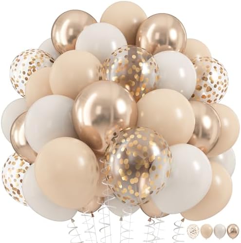 Beige and Champagne Gold Balloon Set, 60Pcs 12 Inch Nude Cream Retro White Sand Balloons with Metallic Champagne Gold Confetti Latex Balloons for Birthday Wedding Baby Bridal Shower Party Decorations by HILAVO