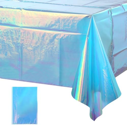 FunnyPars 1 Pack Iridescent Blue Plastic Tablecloth,Shiny Blue Disposable Laser Rectangle Table Covers,Blue Holographic Foil Tablecloth Party Decorations for Birthday,40x108'' by EnjoyYourFunnyParties