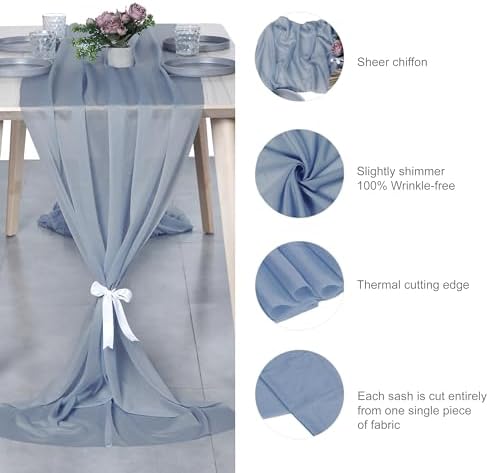 Pack of 10 Chiffon Table Runners 29 x 120 Inch, 14FT Long - Dusty Blue - Image 6