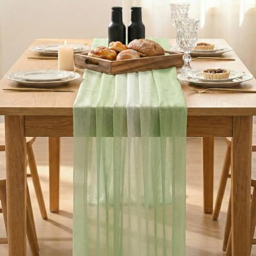 Artoid Mode Boho Green Stripes Spring Chiffon Table Runner 120 Inches 10FT,Seasonal Fabric Kitchen Dining Holiday Table Decor for Home Party - Image 2