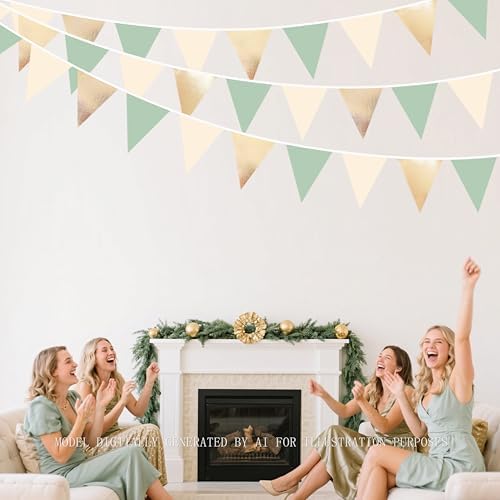 Sage Green Beige Champagne Gold Party Decorations Metallic Fabric Triangle Pennant Banner Bunting Flag Garland for Baby Shower Birthday Wedding Engagement Bridal Shower Graduation Decoration Supplies - Image 6