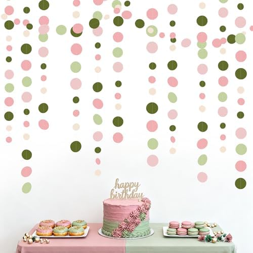 Sage Green and Dusty Pink Polka Dots Garlands Olive Green Dusty Rose Beige Hanging Paper Circle Dots Streamer for Girls Birthday Wedding Shower Engagement Bachelorette Party Decorations Supplies - Image 5