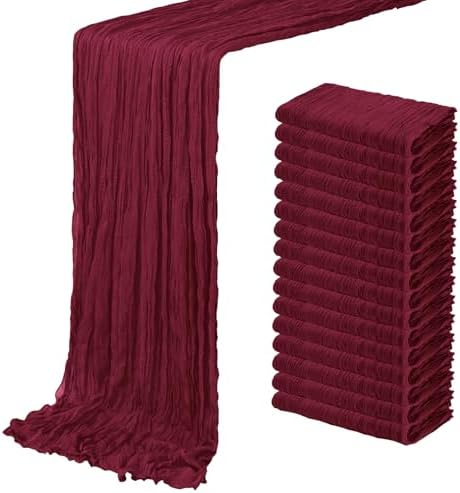 16 Pack Burgundy Cheesecloth Table Runner 20 x 120 inch Gauze Table Runners 10 FT Long,Semi Sheer Boho Cheese Cloth Fabric Table Runner Bulk for Party,Wedding,Baby Shower,Bridal Shower Decoration by ACSUIT