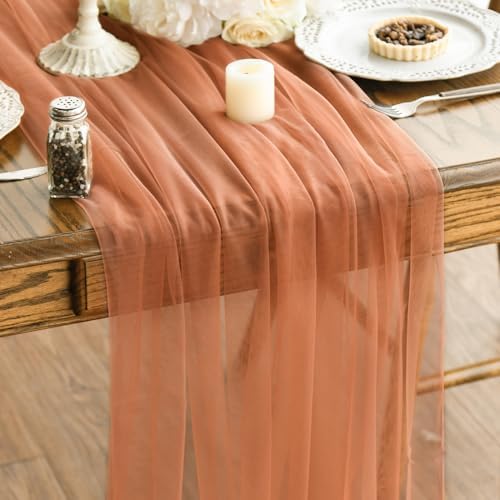 Artoid Mode 3PCS Terracotta Gauze Table Runner 120 Inch 10FT, Seasonal Sheer Kitchen Dining Holiday Wedding Birthday Baby Shower Table Decor for Home Party by ArtoidMode