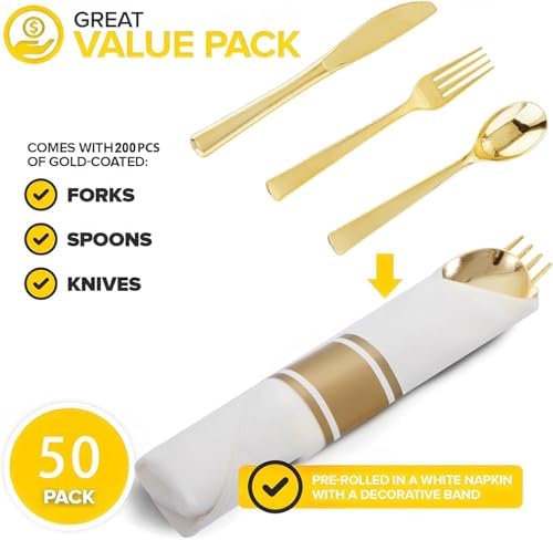 50Pack Pre Rolled Gold Plastic Silverware Set Heavy Duty for Party - Image 2