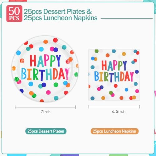 50PCS Birthday Plates and Napkins Party Decorations, 7inch Colorful Dots Happy Birthday Dessert Plates Cake Plate Disposable Paper Tableware Dinnerware Set for Birthday's Party Supplies - Image 3