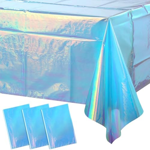 3 Pack Iridescent Blue Plastic Tablecloth, Shiny Blue Disposable Laser Rectangle Table Covers, Blue Holographic Foil Tablecloth Party Decorations for Birthday Bridal Wedding Christmas, 40 x 108 Inch by EnjoyYourFunnyParties