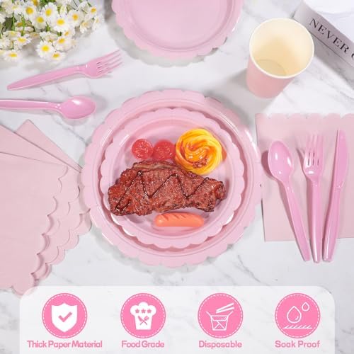 350 Pcs Pink Plates and Napkins, 50 Set Scalloped Pink Dinnerware - Image 3