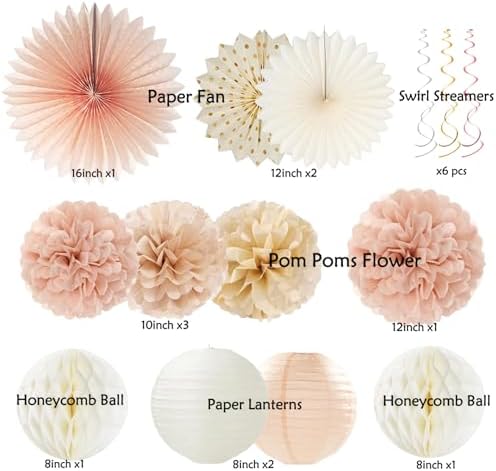Champagne-Gold Beige Fall Boho Birthday Party Decorations 62pcs Happy Birthday Banner, Peach White Paper Lanterns, Streamers, Tissue Pom Poms, Blush Beige Boho Party Balloons, Rustic Backdrop Decor - Image 2