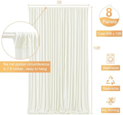 8 Panels Ivory Backdrop Curtain for Wedding Parties Wrinkle Free Ivory Photo Curtains Backdrop Drapes Fabric Decoration for Baby Shower Photography 40ft(W) x 10ft(H) - Image 5