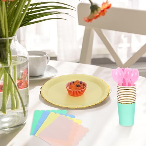240 Pieces Pastel Party Supplies Disposable Dinnerware Set Include Plates and Cups Napkins Plastic Forks Knives Spoons Tablecloth for Wedding Birthday Party Decorations - Image 7
