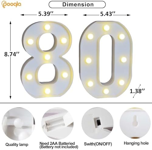 Pooqla Decorative LED Light Up Number Letters, White Plastic Marquee Number Lights Sign for 80th Birthday Party Wedding Decor, Battery Operated (80) - Image 4