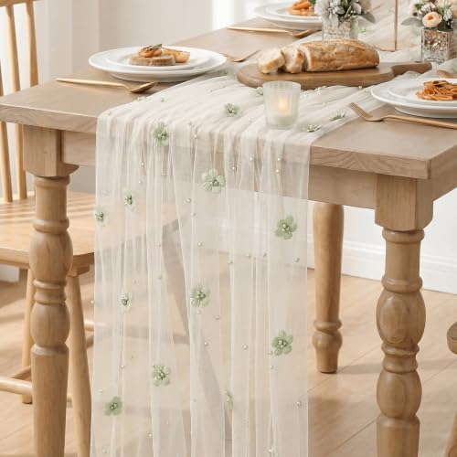 Artoid Mode Sage Green Flower Pearl White Gauze Table Runner 10FT, Seasonal Sheer Dining Holiday Wedding Birthday Baby Shower Table Decor for Home Party - Image 3
