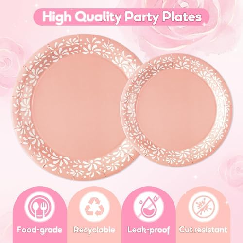 96Pcs Pink Platos De Barro Mexicanos Cielito Lindo Terracotta Clay Party Plates Supplies Tableware Decorations Disposable Paper Plates Napkins Forks for Birthday Baby Shower, Serves 24 - Image 3