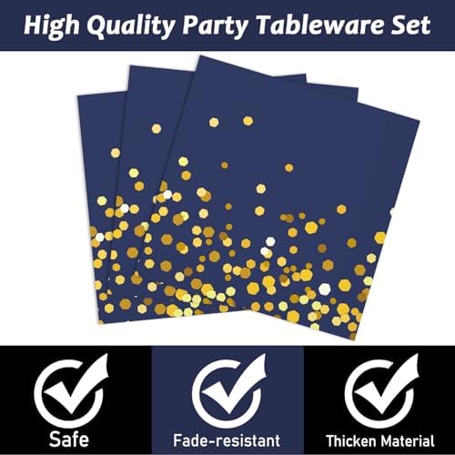 gisgfim 50 Guests Blue and Gold Party Supplies Decorations Tableware Set Blue and Gold Paper Plates Napkins Disposable Plates Graduation Tableware for Men Women Happy Birthday Party Decorations 200PCS - Image 5