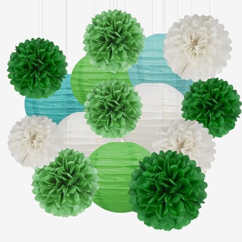 White Green Party Decoration - 15Pcs Tissue Pom Poms Paper Flowers Paper Lanterns Dinosaur Theme Birthday Baby Shower Forest Party Hanging Decor HongTongTong by HongTongTong