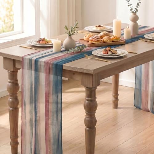 Artoid Mode Boho Blue Red Stripes 4th of July Chiffon Table Runner 120 Inches 10FT,Seasonal Fabric Kitchen Dining Holiday Table Decor for Home Party - Image 4