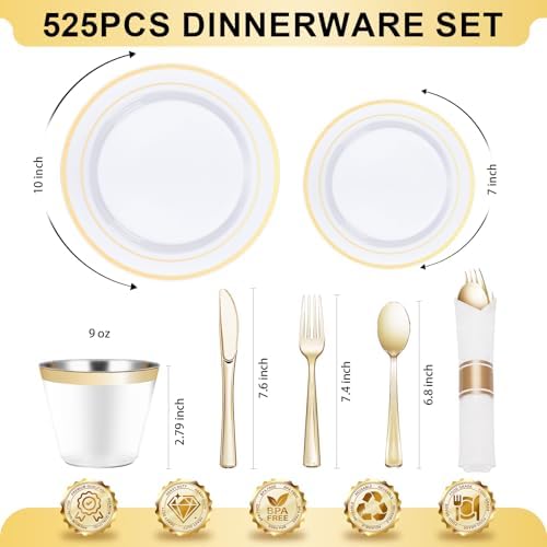 BESTVIP 525 Piece Gold Plastic Dinnerware Set for 75 Guests - Image 2