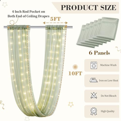 6 Panels Green Ceiling Curtains with Lights for Weddings - 5ftx10ft Wrinkle-Free Tulle Fabric Wedding Arch Draping Ceiling Drapes Decorations for Wedding Party Ceremony Stage Tent Event - Image 2