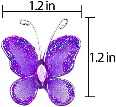 AUEAR, 50 Pack Sheer Mesh Wire Glitter Butterfly with Gem for Home and Wedding Decoration Party Wall Decorations (Purple) - Image 2